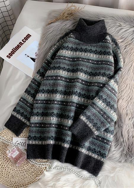 Pullover high neck gray knit sweat tops plus size striped sweater tops - SooLinen