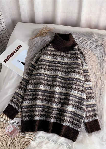 Pullover high neck gray knit sweat tops plus size striped sweater tops - SooLinen