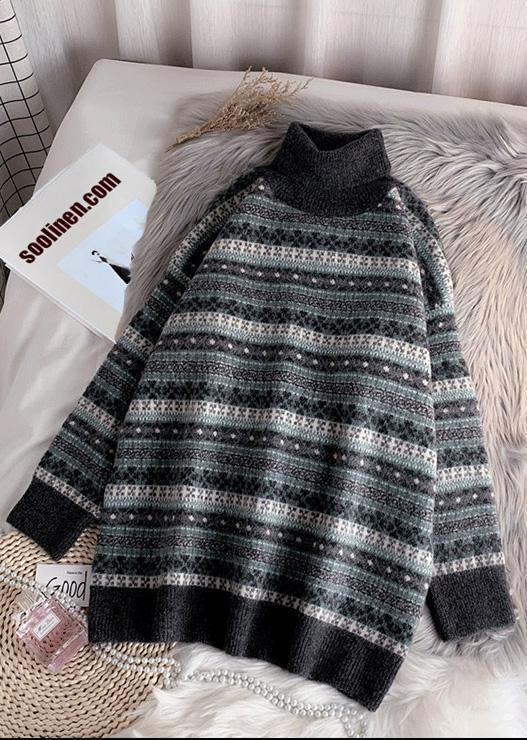 Pullover high neck gray knit sweat tops plus size striped sweater tops - SooLinen
