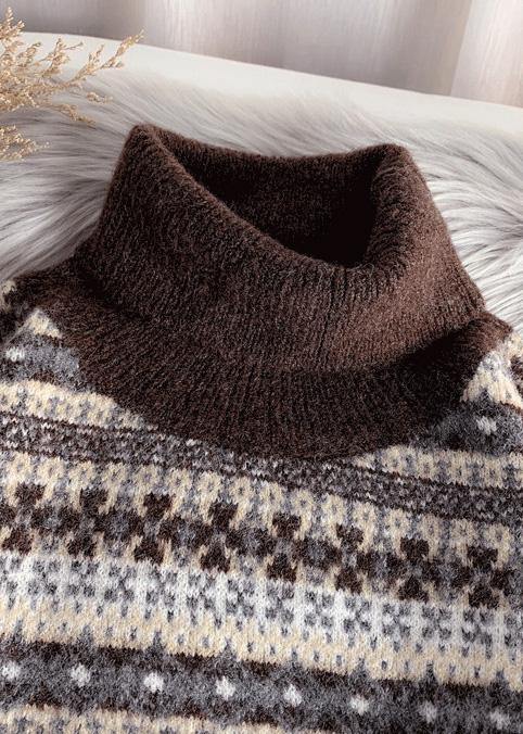 Pullover high neck gray knit sweat tops plus size striped sweater tops - SooLinen