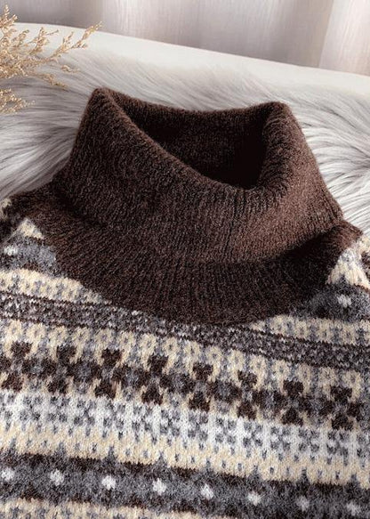 Pullover high neck gray knit sweat tops plus size striped sweater tops - SooLinen