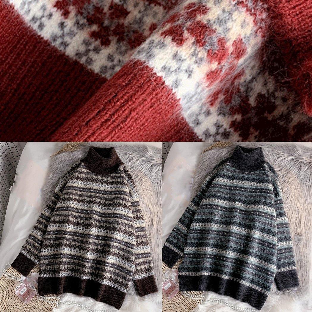 Pullover high neck gray knit sweat tops plus size striped sweater tops - SooLinen