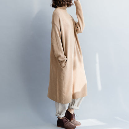 Pullover Khaki Pulloverkleid Outfit Moda Hipster High Neck Baggy Strickkleid