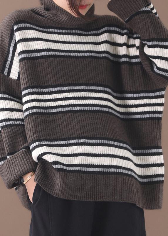 Pullover khaki striped knitted clothes plus size winter knitted blouse high neck - SooLinen