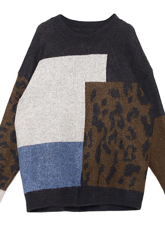 Pullover o neck Leopard knit sweat tops plus size patchwork color knit blouse - SooLinen