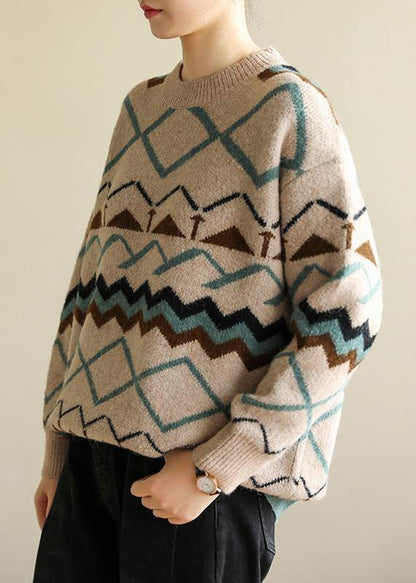 Pullover o neck khaki Geometry knitwear casual wild knit top silhouette - SooLinen