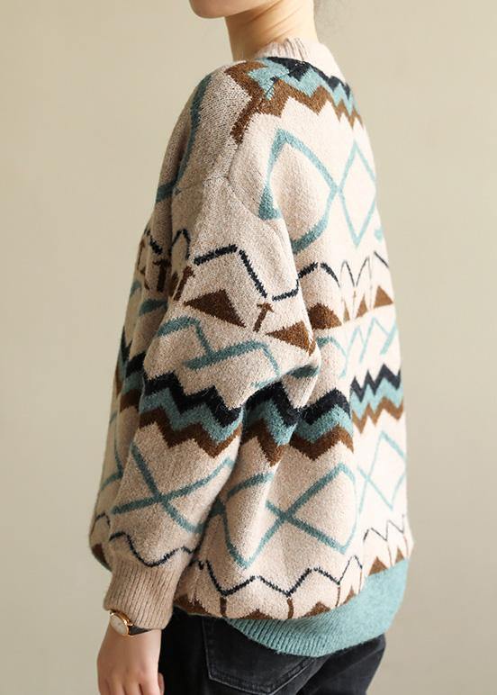 Pullover o neck khaki Geometry knitwear casual wild knit top silhouette - SooLinen