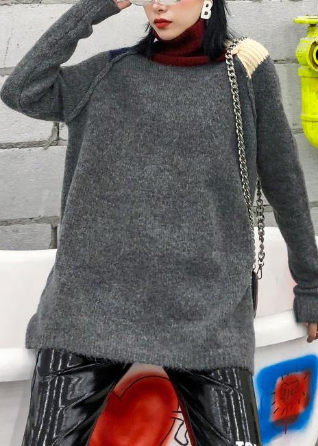 Pullover patchwork gray knitwear plus size clothing high neck knit tops - SooLinen