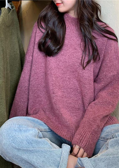 Pullover pink knitted pullover high neck plus size knitwear - SooLinen