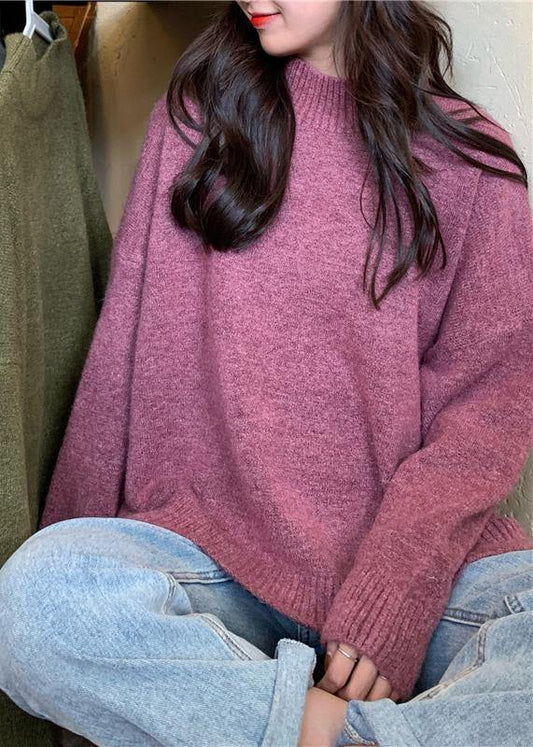 Pullover pink knitted pullover high neck plus size knitwear - SooLinen