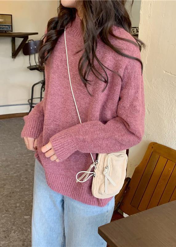 Pullover pink knitted pullover high neck plus size knitwear - SooLinen