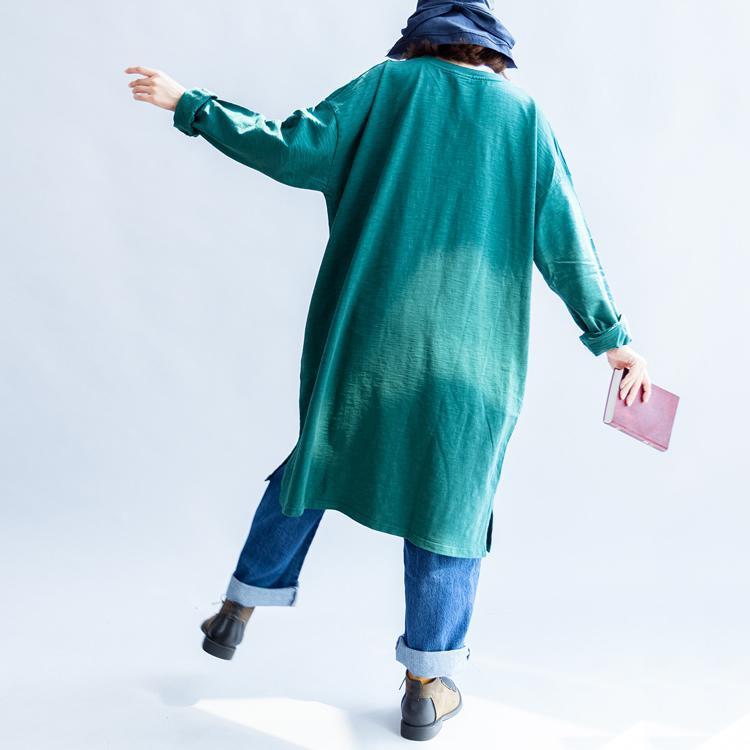 Übergroße Kleider aus reiner Baumwolle mit grünem Katzendruck und lässigen Pullovern in Übergröße