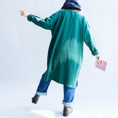 Übergroße Kleider aus reiner Baumwolle mit grünem Katzendruck und lässigen Pullovern in Übergröße