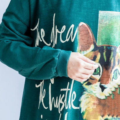 Übergroße Kleider aus reiner Baumwolle mit grünem Katzendruck und lässigen Pullovern in Übergröße