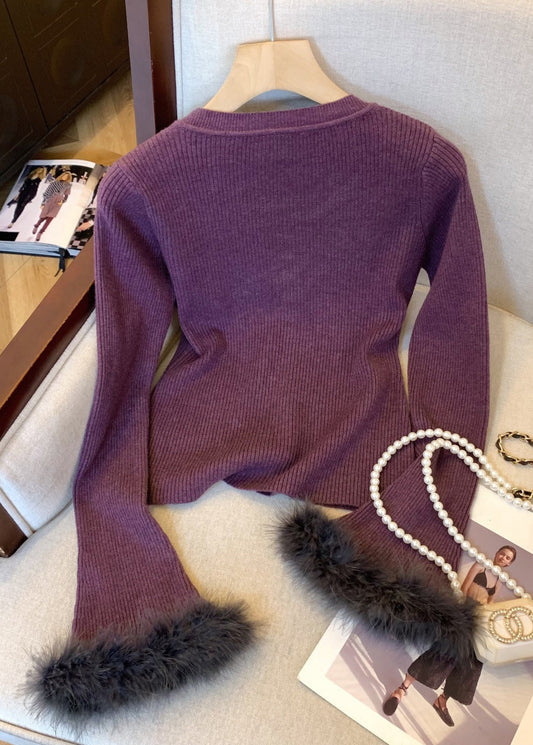 Purple Button Fluffy Patchwork Knit Winter Sweater O Neck