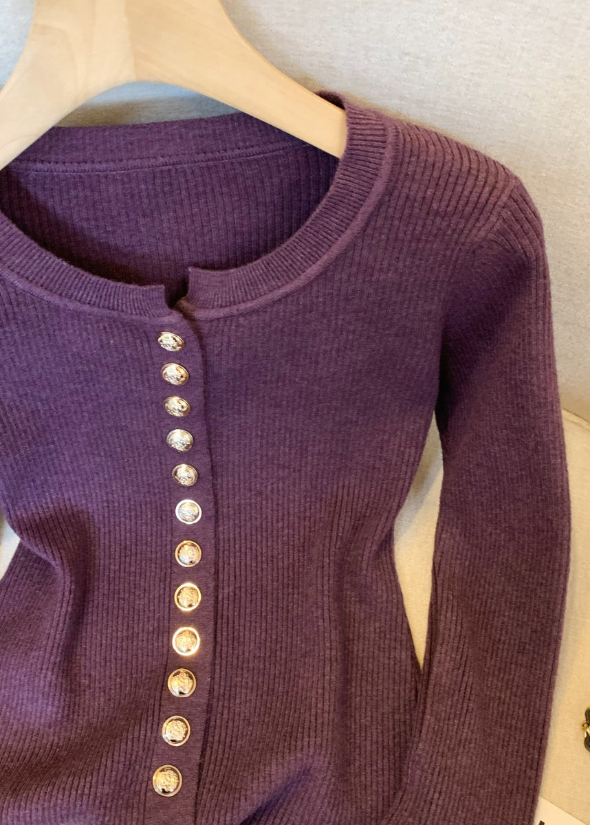 Purple Button Fluffy Patchwork Knit Winter Sweater O Neck