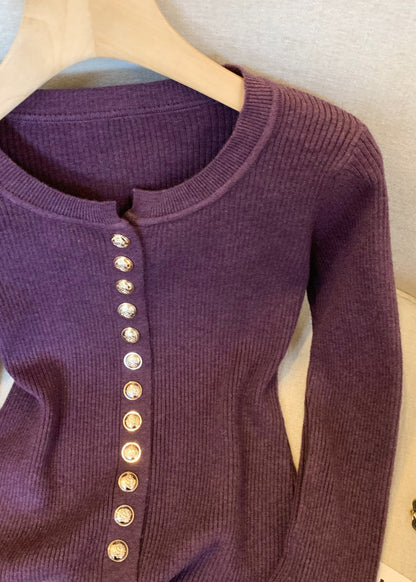 Purple Button Fluffy Patchwork Knit Winter Sweater O Neck