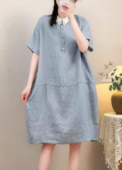 Purple Button Pockets Solid Cotton Summer Dresses Peter Pan Collar