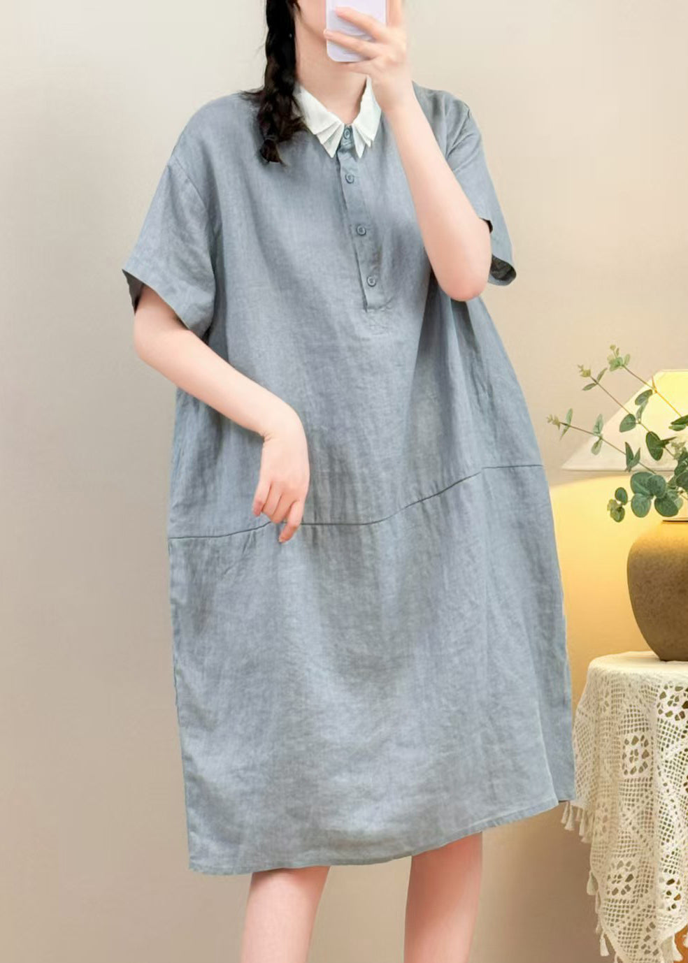 Purple Button Pockets Solid Cotton Summer Dresses Peter Pan Collar