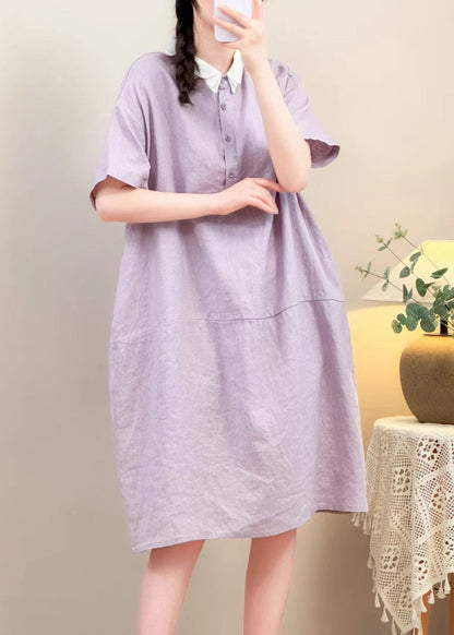 Purple Button Pockets Solid Cotton Summer Dresses Peter Pan Collar