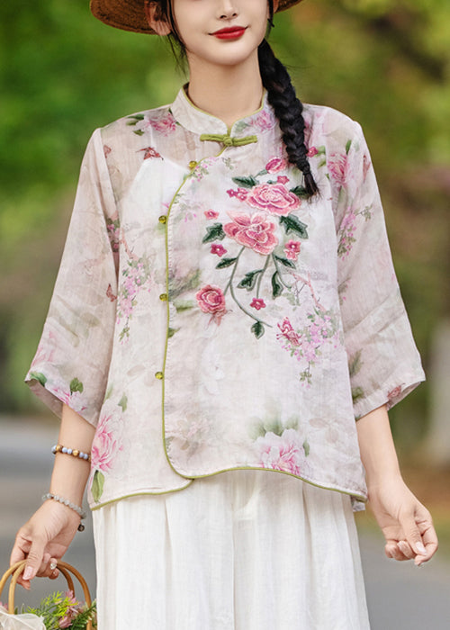 Purple Button Print Linen Blouses Stand Collar Bracelet Sleeve