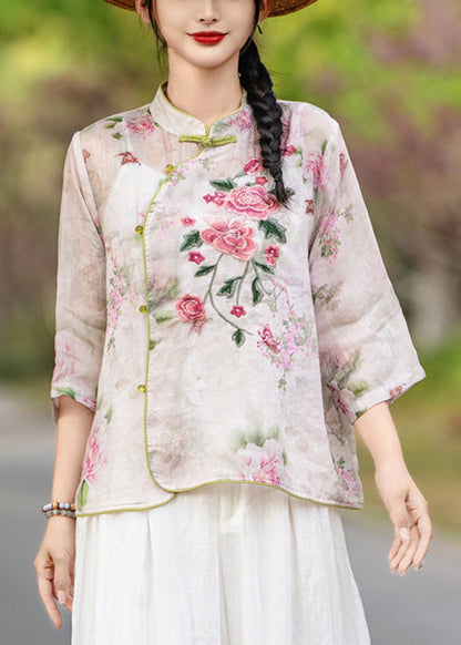 Purple Button Print Linen Blouses Stand Collar Bracelet Sleeve