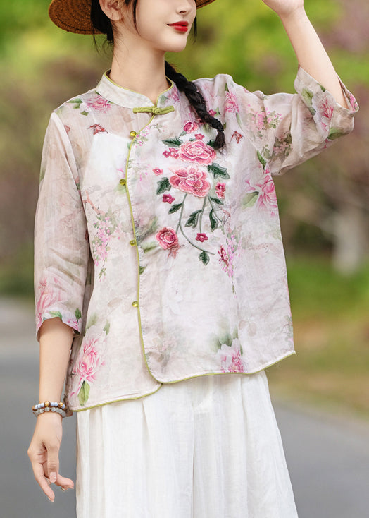 Purple Button Print Linen Blouses Stand Collar Bracelet Sleeve