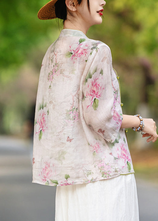 Purple Button Print Linen Blouses Stand Collar Bracelet Sleeve