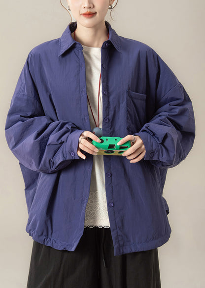 Lila Hemdmantel mit Knöpfen, einfarbig, mit Baumwolle gefüttert, Peter-Pan-Kragen