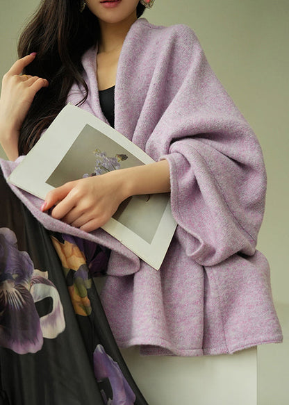 Purple Cozy Woolen Winter Coats V Neck