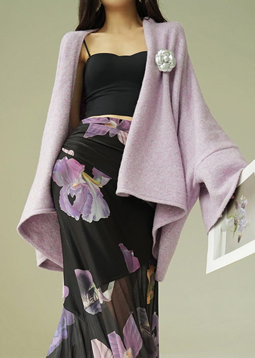 Purple Cozy Woolen Winter Coats V Neck