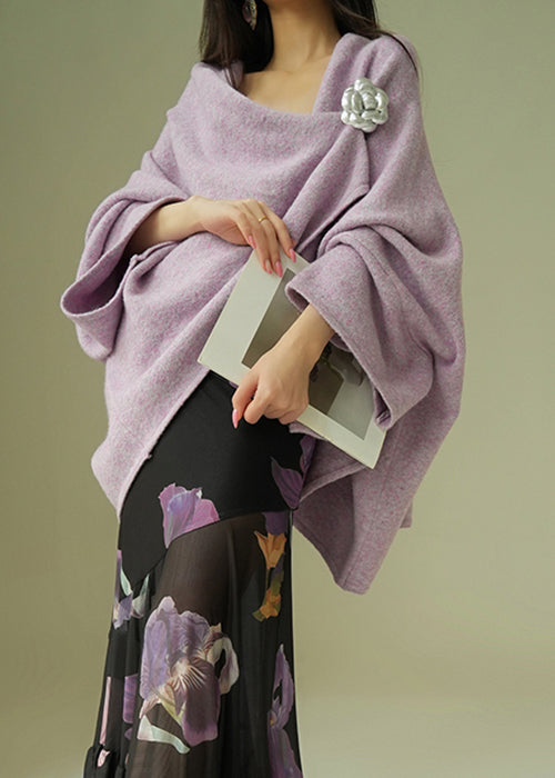 Purple Cozy Woolen Winter Coats V Neck