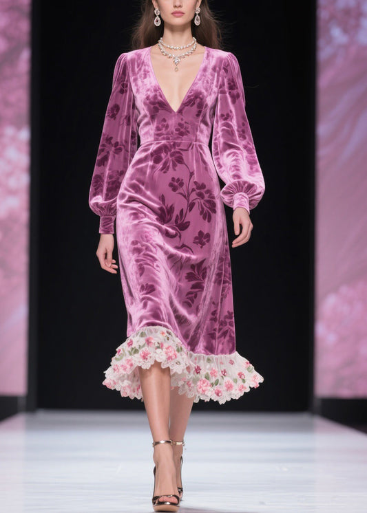 Purple Floral Tulle Patchwork Silk Velvet Dress V Neck Spring