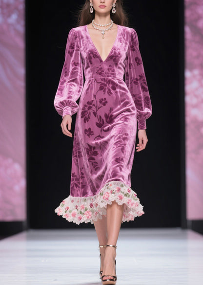 Purple Floral Tulle Patchwork Silk Velvet Dress V Neck Spring