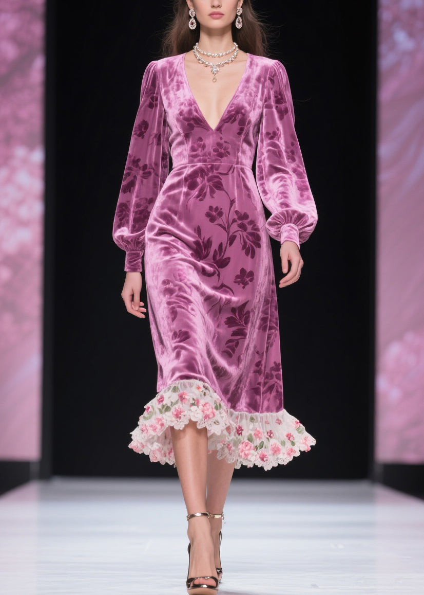 Purple Floral Tulle Patchwork Silk Velvet Dress V Neck Spring