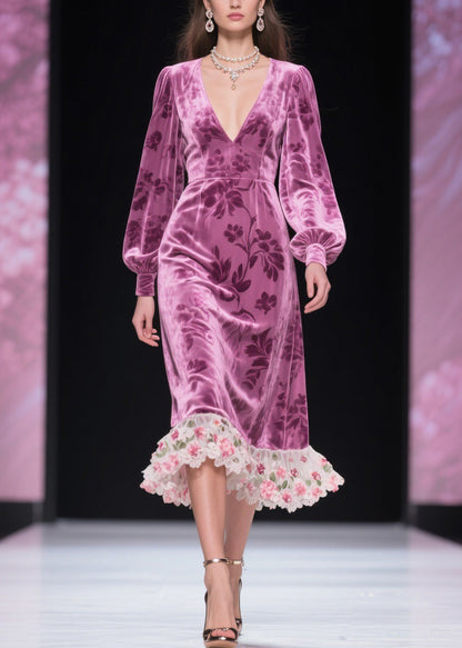 Purple Floral Tulle Patchwork Silk Velvet Dress V Neck Spring