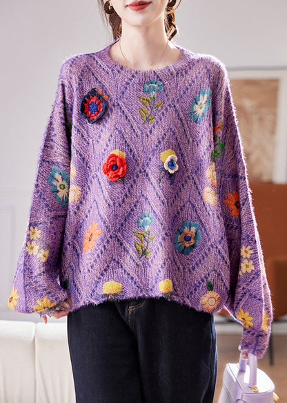 Purple Hollow Out Floral Knit Sweaters O Neck Winter