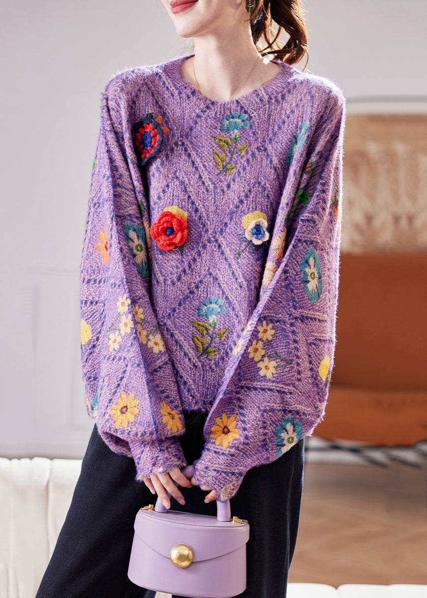 Purple Hollow Out Floral Knit Sweaters O Neck Winter