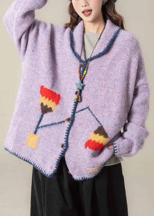 Lila Jacquard-Strickmäntel mit Knöpfen und Peter-Pan-Kragen