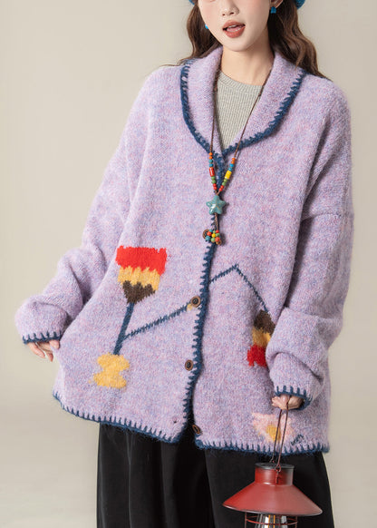 Lila Jacquard-Strickmäntel mit Knöpfen und Peter-Pan-Kragen