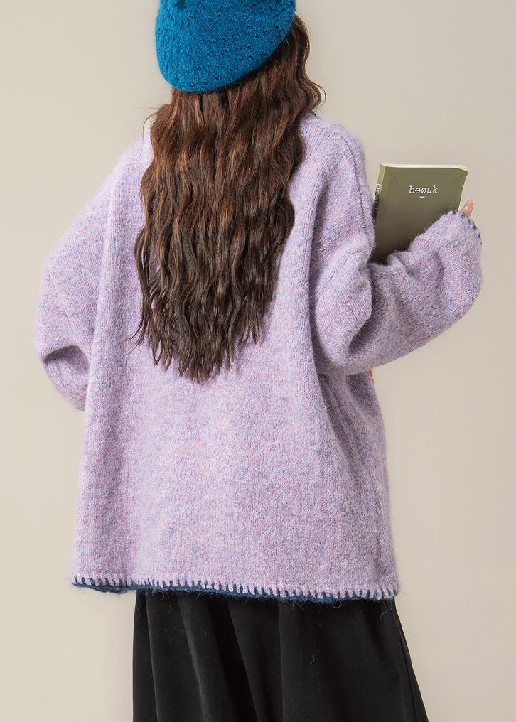 Lila Jacquard-Strickmäntel mit Knöpfen und Peter-Pan-Kragen