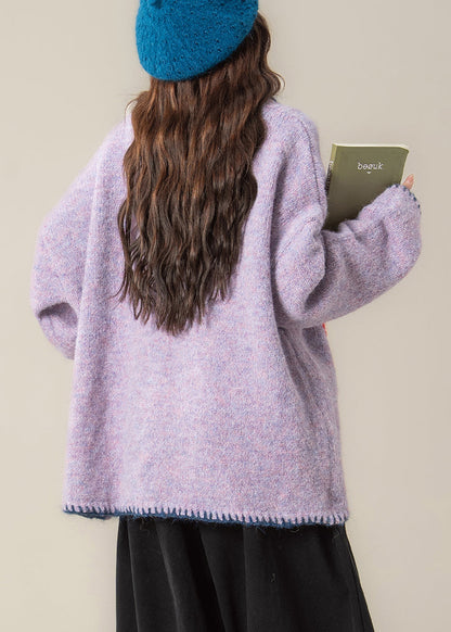 Lila Jacquard-Strickmäntel mit Knöpfen und Peter-Pan-Kragen