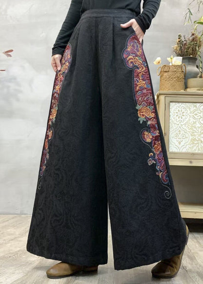Lila Jacquard-Leinenhose mit weitem Bein, bestickt, Frühling