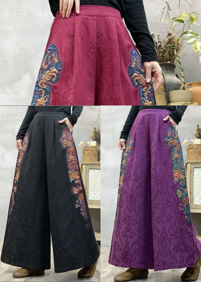 Lila Jacquard-Leinenhose mit weitem Bein, bestickt, Frühling