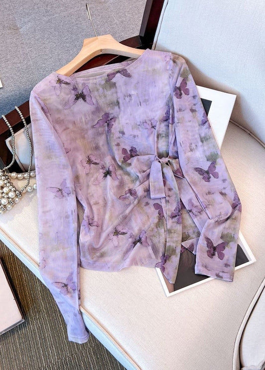 Lila Tüll-T-Shirt mit Schnürung an der Seite und Rundhalsausschnitt