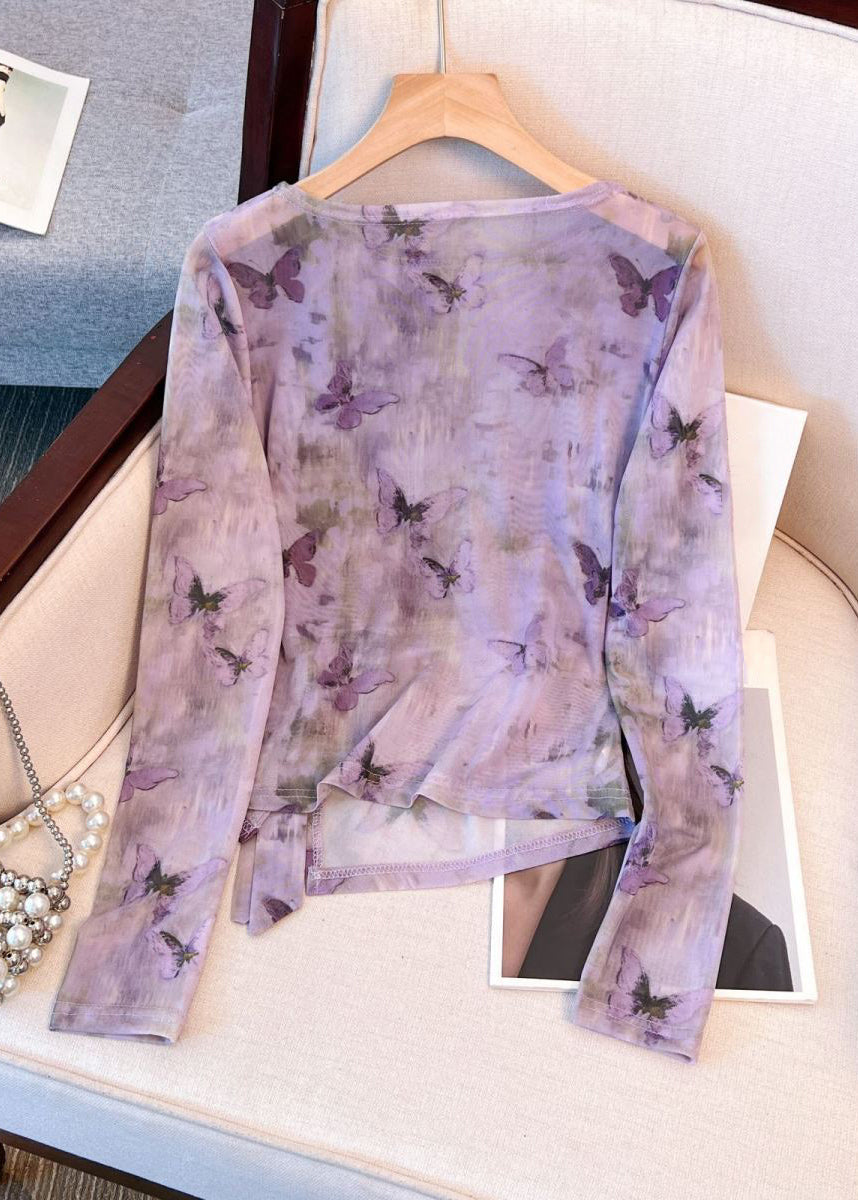 Camiseta de tul morada con cordones laterales abiertos y cuello redondo