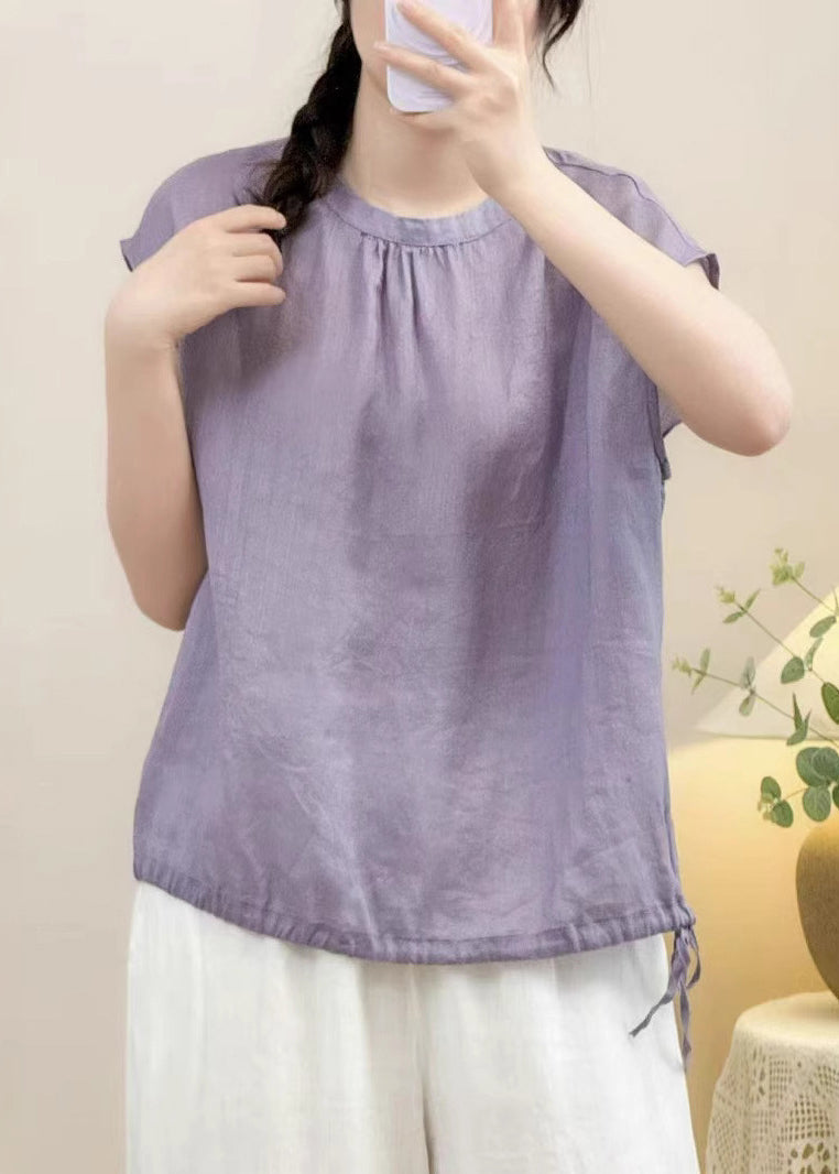 Purple Lace Up Solid Linen Summer Shirts O Neck