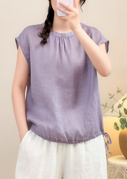 Purple Lace Up Solid Linen Summer Shirts O Neck
