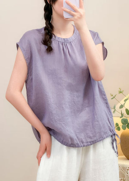 Purple Lace Up Solid Linen Summer Shirts O Neck