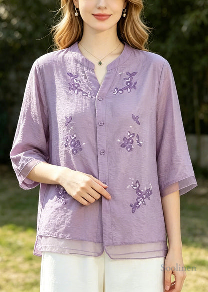 Purple Patchwork Cotton Top Embroidered Half Sleeve